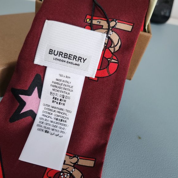 NEW  Authentic Burberry Red Logo Silk Skinny Two Tone scarf Head scarf bag Wrap - Picture 9 of 10